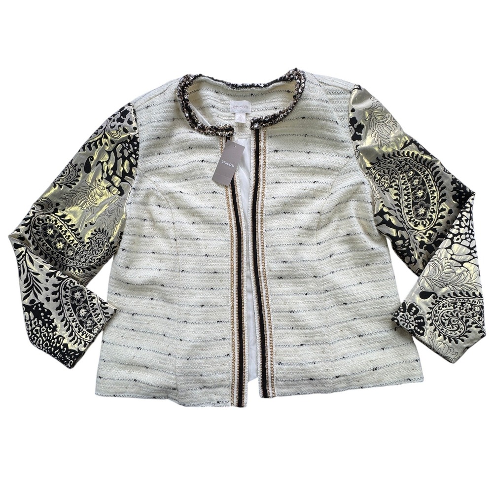 Chicos Versailles Sleeve Jacket 3 Womens XL Ecru Tweed Gold Metallic Paisley NWT - Picture 12 of 12